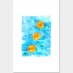 Oranges & Melting Ice Blocks Bright Blue - For Fruit Lovers. Posters and Art